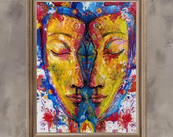 Colorful Mask Faces Wall Art Print – Abstract Symmetrical Portrait Modern Expression (Digital Download)