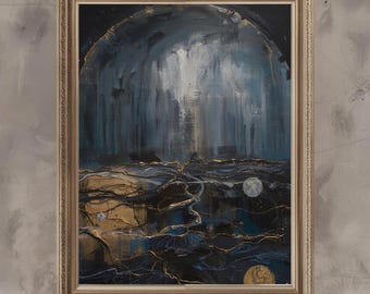 Dark Blue Gold Abstract Art Print – Cosmic Night Sky (Digital Download)