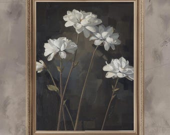 Elegant White Flowers Art Print - Black Background Painting Home Decor (Digital Download)