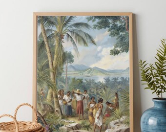 Vintage Tropical Island Print – Exotic Village Life Painting (Digital Download)
