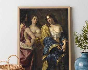 Classical Three Women Portrait Art Print - Vintage Romantic Oil Style Painting (Digital Download)