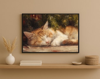 Sleeping Cat Christmas Tree Art Print – Cozy Holiday Home Decor (Digital Download)