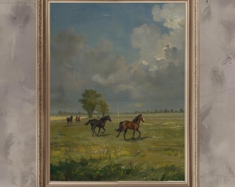 Calm Horses Landscape Painting – Rustic Countryside Art (Digital Download)