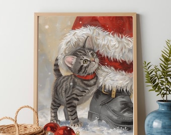 Christmas Cat Art Print – Cozy Holiday Wall Decor (Digital Download)