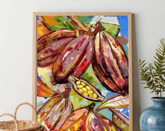 Impresión de pared con coloridas mazorcas de cacao: pintura botánica de cocina con frutos de cacao tropical (descarga digital)