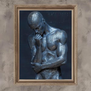 May include: A framed artwork featuring a metallic blue sculpture of a muscular figure in a pensive pose. The figure's head is bowed, with a hand resting on the chin. The frame is gold-toned, set against a textured gray background.