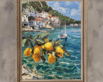 Soft Lemon Landscape Wall Art – Serene Nature Painting with Citrus, Minimalist Kitchen & Home Décor