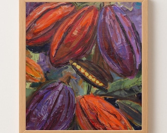 Impresión artística de mazorcas de cacao coloridas - Pintura vibrante de frutos de cacao tropical (Descargas digitales)