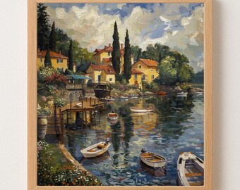 Lakeside Village Wall Art Print – Mediterranean Coastal Landscape Painting Home Decor (Digital Download)