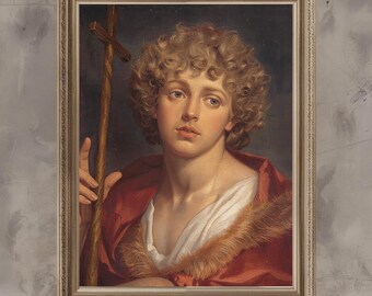 Classical Young Man Portrait with Cross Art Print - Religious Style Oil Painting (Digital Download)