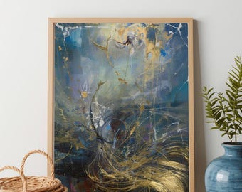 Blue Gold Abstract Art Print – Elegant Painterly Strokes (Digital Download)