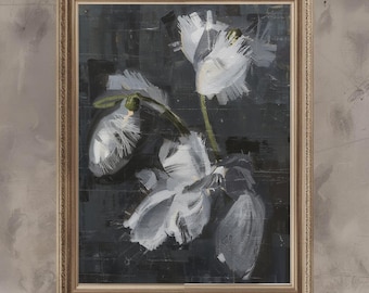 White Flowers on Gray Background Art Print - Modern Floral Wall Decor (Digital Download)