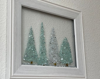 Sea glass tree art Christmas trees wall decor sea foam glass winter trees wall art crushed glass evergreen tree art shelf decor snowy tree