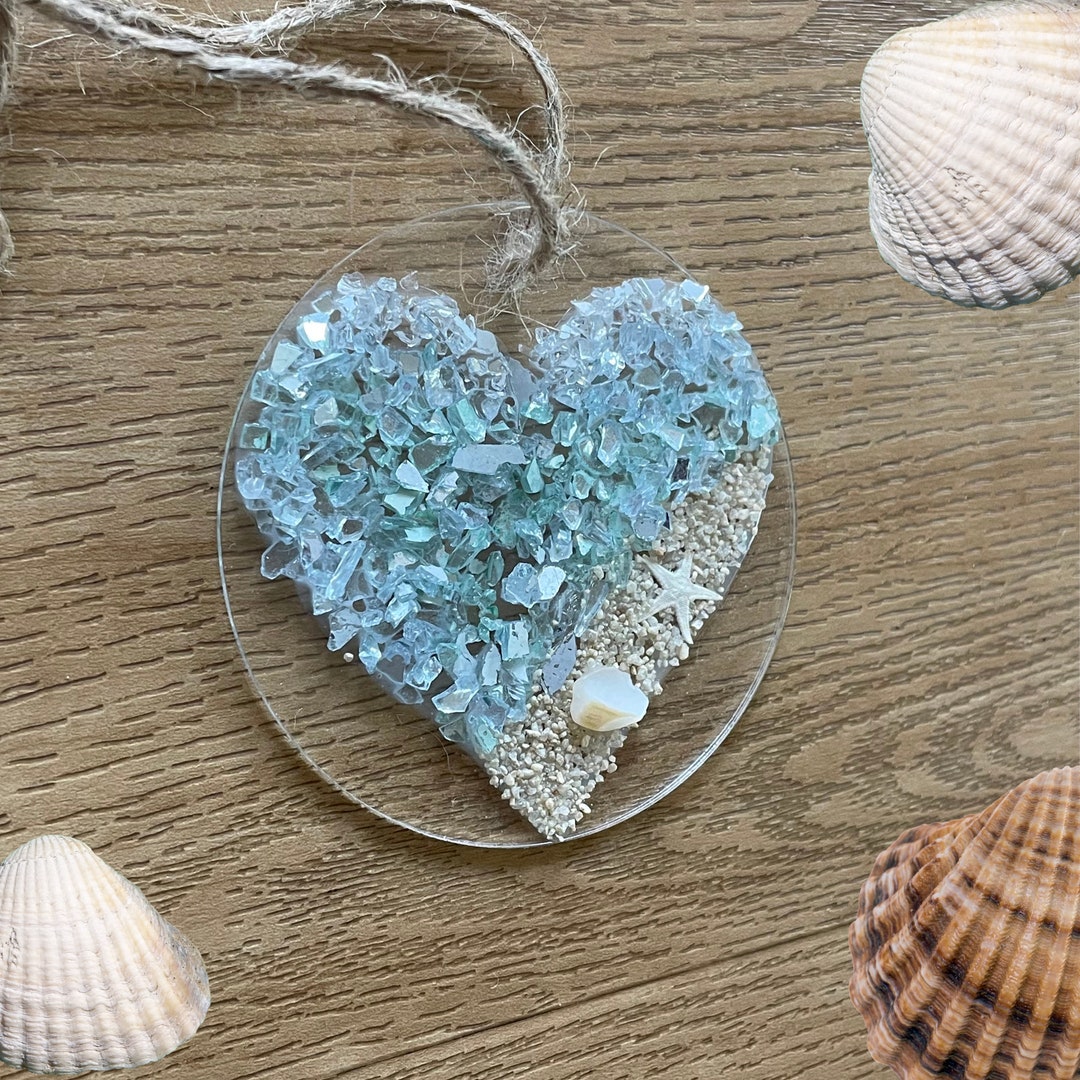Heart Beach Sea Glass Ornament Coastal Wave Sun Catcher Ocean Keepsake ...