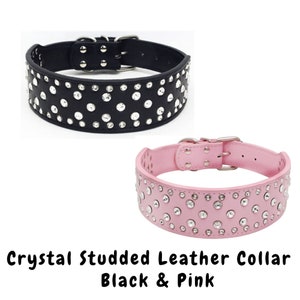 2" Crystal Studded Leather Dog Collar for Bulldog Rottweiler Doberman Available in Black & Light Pink