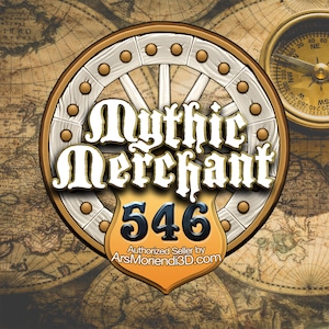 Puede incluir: Logotipo de "Mythic Merchant" con un dise&ntilde;o de rueda de carro estilizada y texto en una fuente vintage. El n&uacute;mero "546" se muestra en un escudo. Una br&uacute;jula y un mapa completan el dise&ntilde;o.
