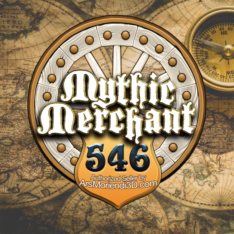 Puede incluir: Logotipo de "Mythic Merchant" con un dise&ntilde;o de rueda de carro estilizada y texto en una fuente vintage. El n&uacute;mero "546" se muestra en un escudo. Una br&uacute;jula y un mapa completan el dise&ntilde;o.