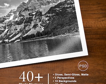 Sjabloon fotoprint, houten tafelachtergrond, glans, halfglanzend en mat, slim object, psd