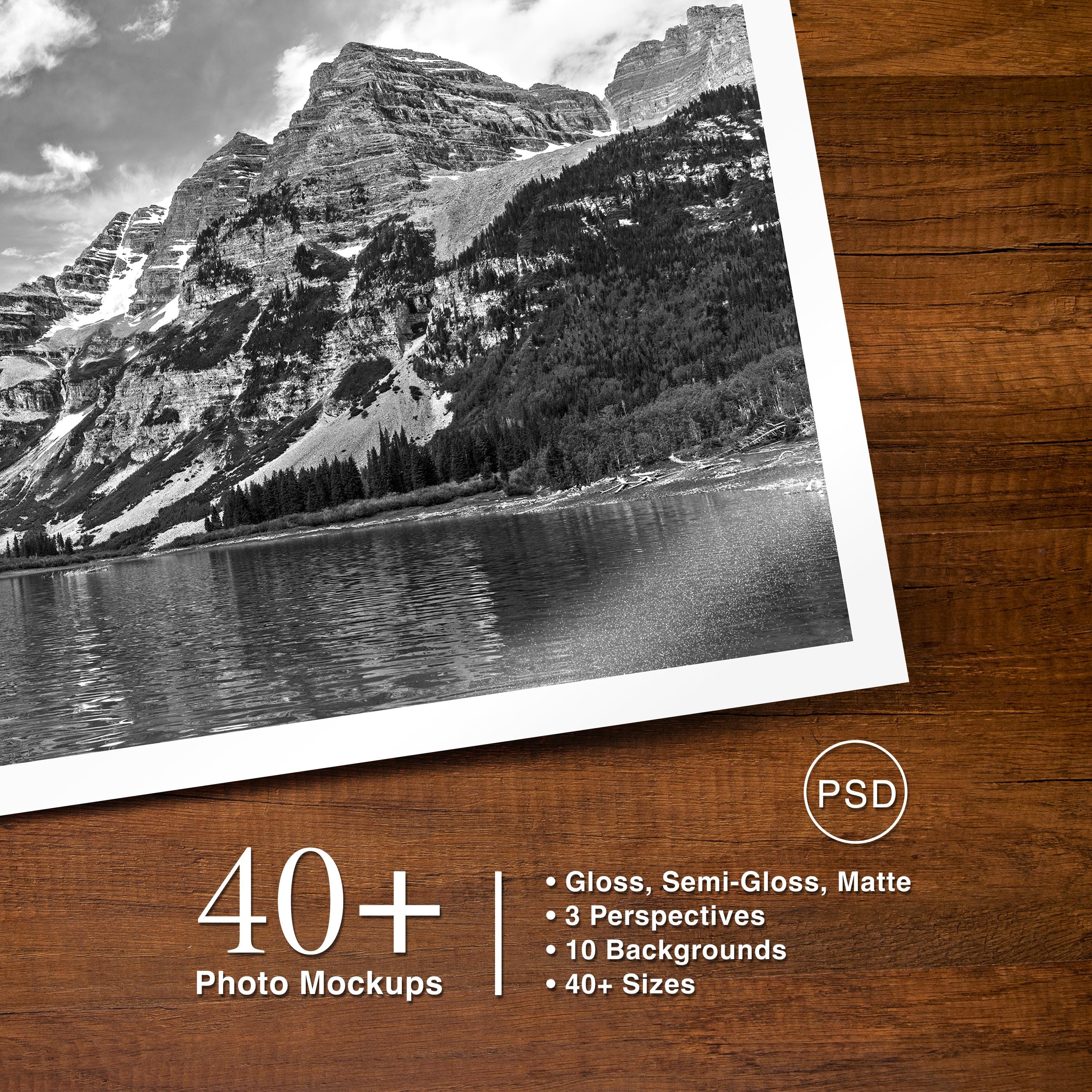 Photo Print Mockup Template, Wooden Table Backgrounds, Gloss, Semi-Gloss, & Matte, Smart Object, PSD