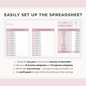 May include: A pink and white printable spreadsheet template for tracking income and expenses. The template includes sections for income categories, expense categories, and monthly profit goals. The spreadsheet is designed to be used for any year and includes space for up to 15 income categories and 15 expense categories. The text "EASILY SET UP THE SPREADSHEET" is at the top of the page.