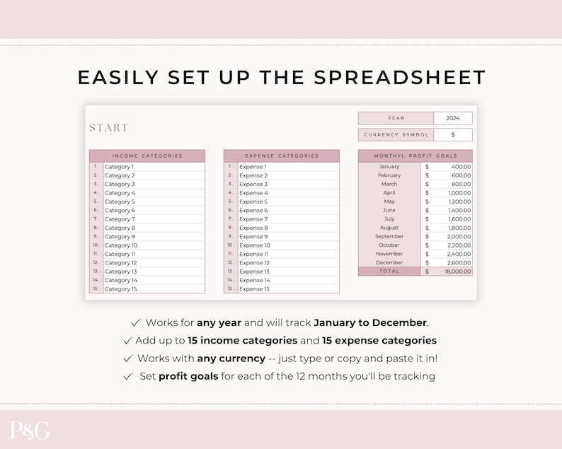 May include: A pink and white printable spreadsheet template for tracking income and expenses. The template includes sections for income categories, expense categories, and monthly profit goals. The spreadsheet is designed to be used for any year and includes space for up to 15 income categories and 15 expense categories. The text "EASILY SET UP THE SPREADSHEET" is at the top of the page.