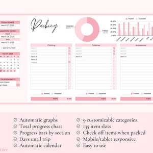 May include: A pink printable packing list with a checklist for clothing, toiletries, and accessories. The list includes a calendar, a progress chart, and a pie chart showing the percentage of items packed. The text "Packing" is written in cursive at the top of the page. The text "Palm & Grace" is at the bottom of the page.