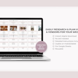 May include: A laptop screen showing a wedding planning template with venue details and images. The text reads "EASILY RESEARCH & PLAN VENUES & VENDORS FOR YOUR WEDDING!" and "CREATED BY A BRIDE!" A digital download for wedding planning.