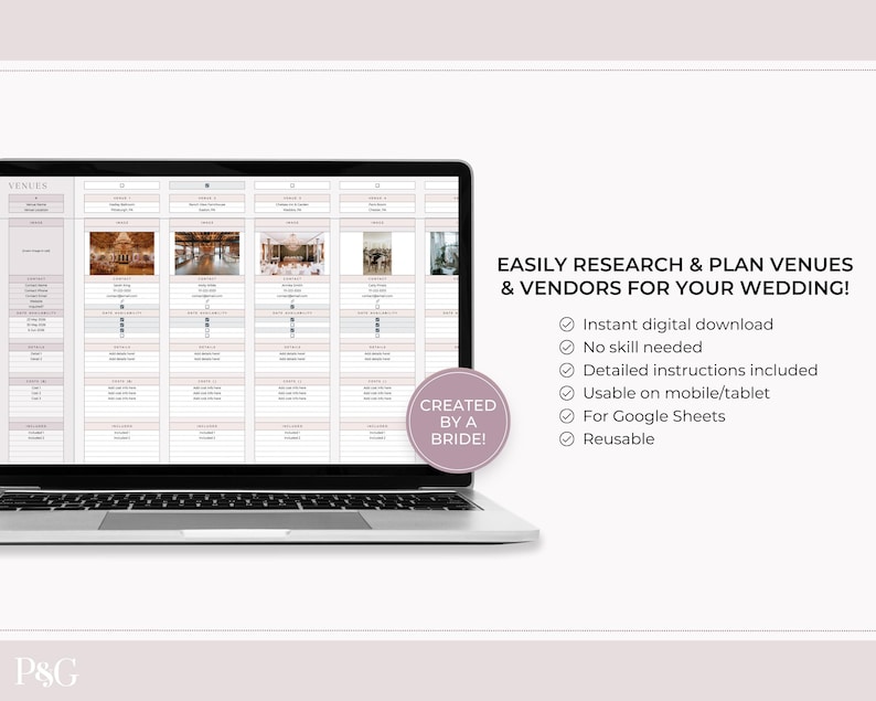 May include: A laptop screen showing a wedding planning template with venue details and images. The text reads "EASILY RESEARCH & PLAN VENUES & VENDORS FOR YOUR WEDDING!" and "CREATED BY A BRIDE!" A digital download for wedding planning.