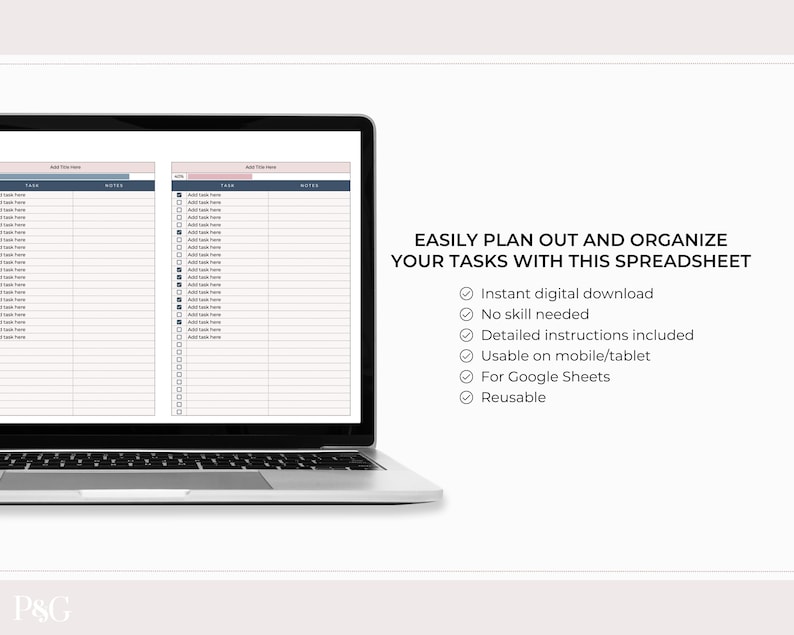 May include: A laptop computer displaying a spreadsheet template for planning and organising tasks. The spreadsheet has columns for task name, notes, and due date. The text on the screen reads "EASILY PLAN OUT AND ORGANISE YOUR TASKS WITH THIS SPREADSHEET" and lists features such as "Instant digital download", "No skill needed", "Detailed instructions included", "Usable on mobile/tablet", "For Google Sheets", and "Reusable".