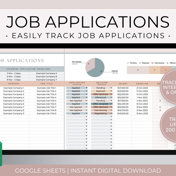 Feuille de calcul de suivi des candidatures, Google Sheets Job Tracker, planificateur de travaux, suivi des candidatures, suivi des entretiens, suivi des offres d'emploi