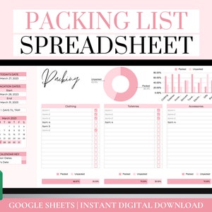 Packing List Spreadsheet Template, Editable Packing Checklist, Google Sheets Travel Packing List Template, Travel Spreadsheet and Printable
