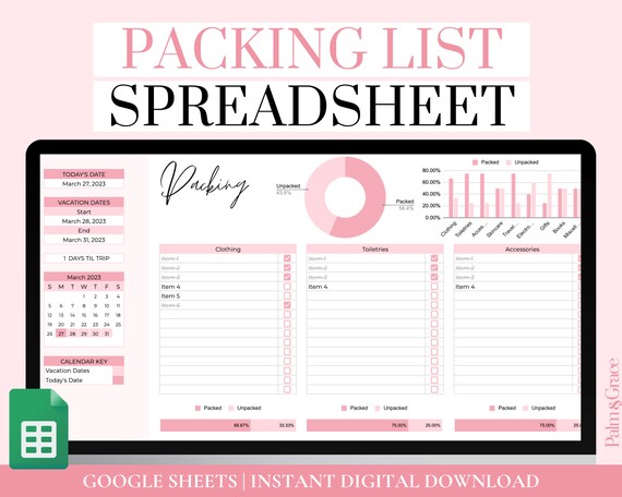 Packing List Spreadsheet Template, Editable Packing Checklist, Google Sheets Travel Packing List Template, Travel Spreadsheet and Printable