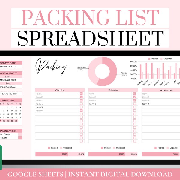 Packing List Template Google Sheets Template Etsy