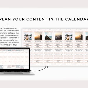 May include: A laptop computer screen displaying a calendar with a content planning template. The calendar is divided into days and each day has a section for content planning. The template includes a section for image, description, content pillar, category, hashtags, character count, status, and notes. The calendar is for the month of January 2024.