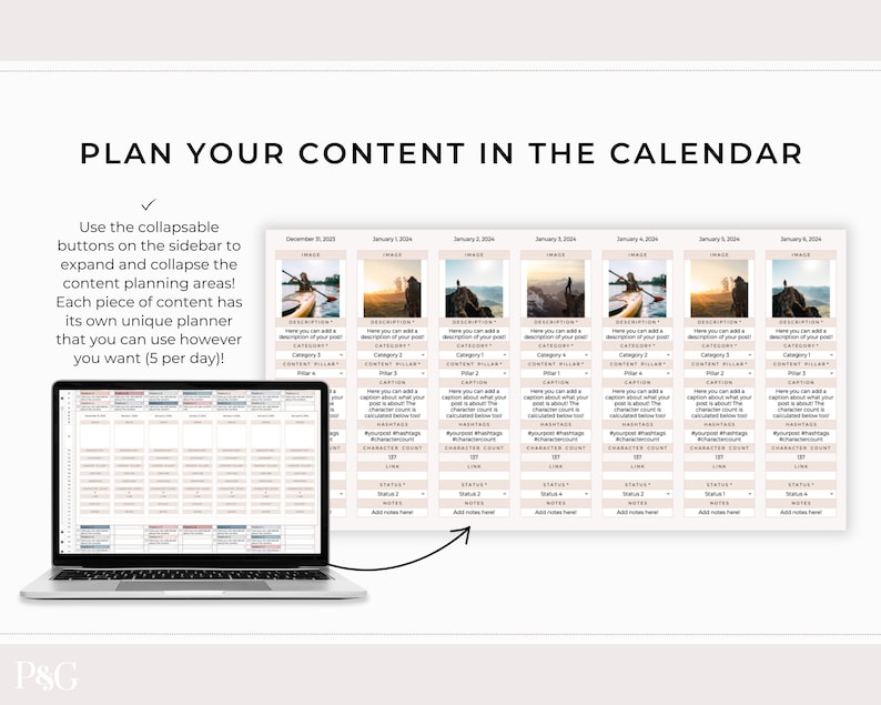 May include: A laptop computer screen displaying a calendar with a content planning template. The calendar is divided into days and each day has a section for content planning. The template includes a section for image, description, content pillar, category, hashtags, character count, status, and notes. The calendar is for the month of January 2024.