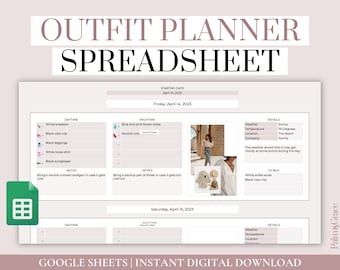 Google Spreadsheets Outfitplanner voor reizen, digitale outfitplanningssjabloon, outfitideeplanner, vakantie-outfitplan, outfittracker