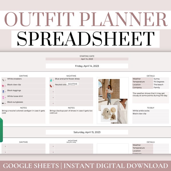 Google Sheets Outfit Planner For Travel, Digital Outfit Planning Template, Outfit Idea Planner, Vacation Outfit Plan, Outfit Tracker