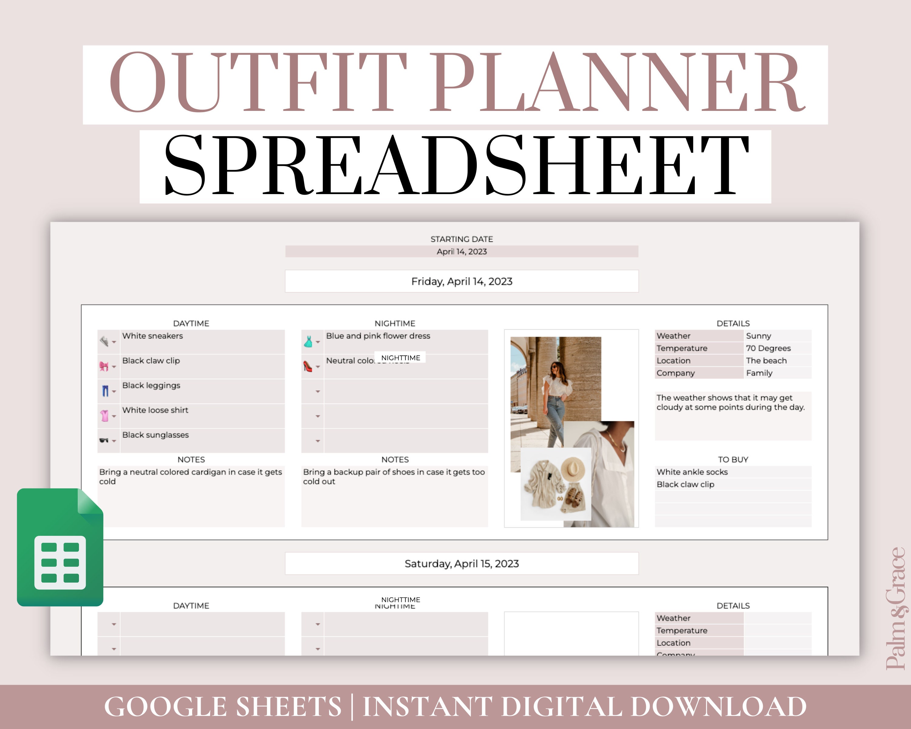 Google Spreadsheets Outfitplanner voor reizen, digitale outfitplanningssjabloon, outfitideeplanner, vakantie-outfitplan, outfittracker