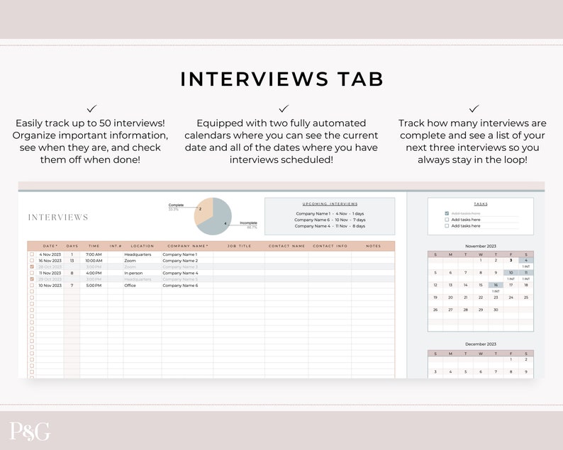 May include: A printable worksheet for tracking interviews. The worksheet includes a calendar, a list of upcoming interviews, and a section for recording interview details. The worksheet is designed to help users stay organised and on top of their interview schedule.
