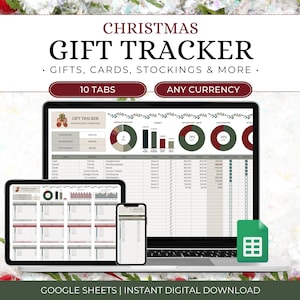 Può includere: Un tracker digitale dei regali di Natale visualizzato su un laptop, tablet e telefono. Il testo recita "CHRISTMAS GIFT TRACKER" e "GIFTS, CARDS, STOCKINGS & MORE." Include "10 TABS" e "ANY CURRENCY." L'icona di Google Sheets è visibile.