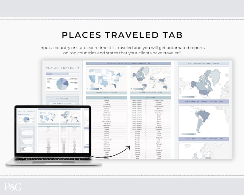 May include: A screenshot of a computer screen showing a spreadsheet with a map of the world and a list of countries and states. The spreadsheet is labeled "Places Traveled Tab" and includes the text "Input a country or state each time it is traveled and you will get automated reports on top countries and states that your clients have traveled!"