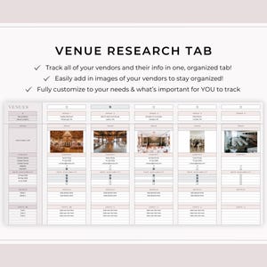 May include: A digital document labelled "VENUE RESEARCH TAB" with a grid layout for organising vendor information. The document includes sections for images, contact details, and metrics. The text includes "Track all of your vendors" and "Fully customise to your needs."