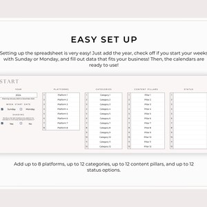 May include: A black and white image of a spreadsheet template for planning content. The template includes sections for year, week start date, platforms, categories, content pillars, and status. The text "EASY SET UP" is at the top of the image.