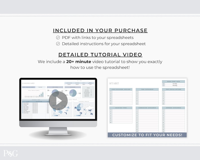May include: A computer screen displaying a spreadsheet dashboard with charts and graphs. The screen is accompanied by a play button icon, indicating a video tutorial. The text "INCLUDED IN YOUR PURCHASE" and "DETAILED TUTORIAL VIDEO" is displayed above the screen. Below the screen, a sample spreadsheet with the text "START" and "CUSTOMIZE TO FIT YOUR NEEDS!" is shown.
