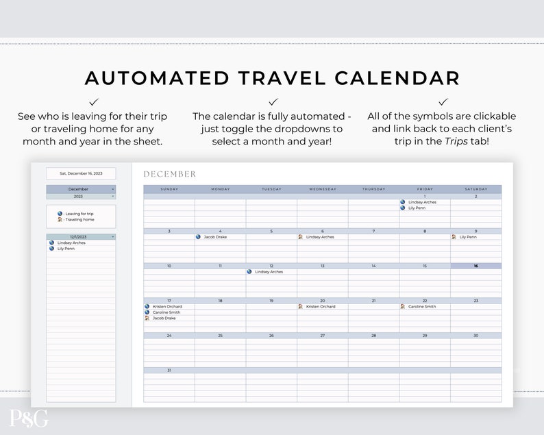 May include: A blue and white calendar template with the title "Automated Travel Calendar". The calendar is for December 2018 and shows the days of the week, with each day divided into numbered squares. The calendar is designed to track travel plans, with icons representing different travelers and their trips.