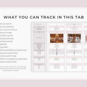 May include: A spreadsheet titled "What You Can Track in This Tab" with a list of venue details. The spreadsheet includes sections for venue name, location, image, contact info, and availability. The text "Anything you can customise is so that you can research & find the venue that best fits YOUR wants & needs!" is also visible.