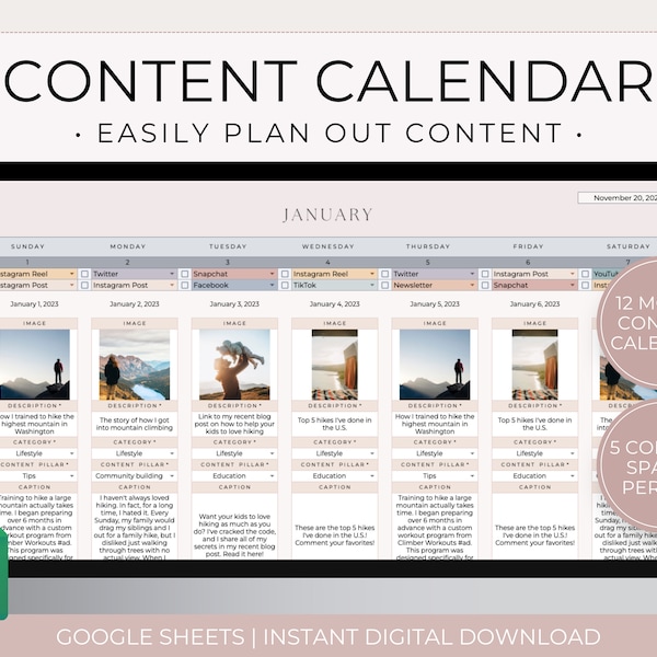 Social Media Content Calendar Google Sheets, Digital Content Planner Spreadsheet, Social Media Planner Template, Monthly Content Spreadsheet