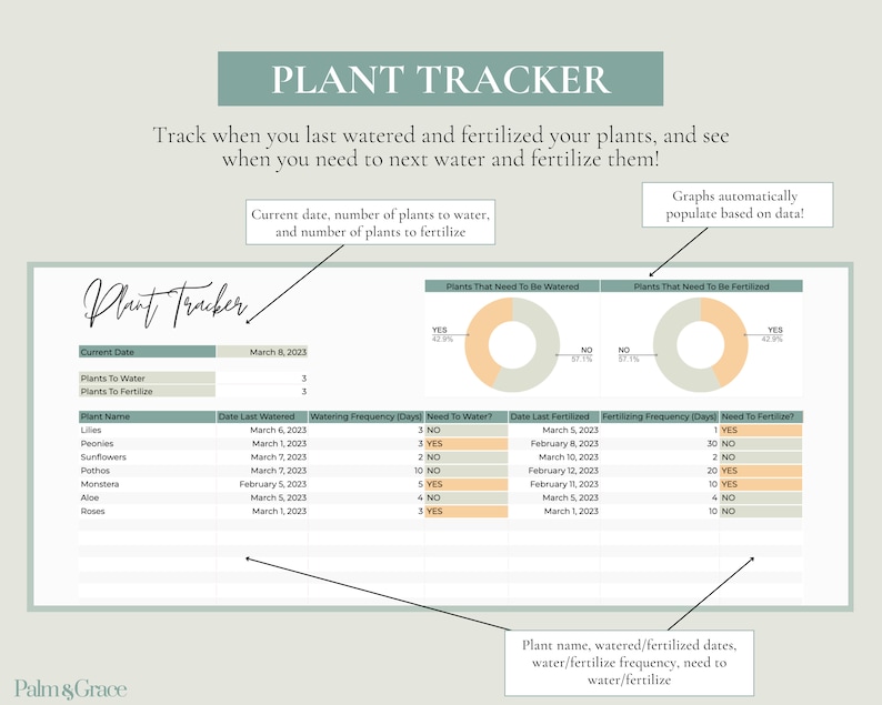 Op de afbeelding: Een afdrukbare plantentracker-tabel met een groen-wit kleurenschema. De tabel bevat secties voor plantnaam, datum van de laatste bewatering, bewateringsfrequentie, behoefte aan bewatering, datum van de laatste bemesting, bemestingsfrequentie en behoefte aan bemesting. De tabel bevat ook twee cirkeldiagrammen die het percentage planten laten zien dat bewaterd en bemest moet worden. De tekst "Plant Tracker" staat bovenaan de tabel.