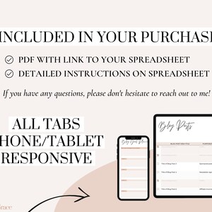 May include: A digital planner for bloggers with tabs for blog post ideas, purpose, and title. The planner is shown on a tablet and a phone, indicating it is responsive to different screen sizes. The text "All Tabs Phone/Tablet Responsive" is displayed on the image.