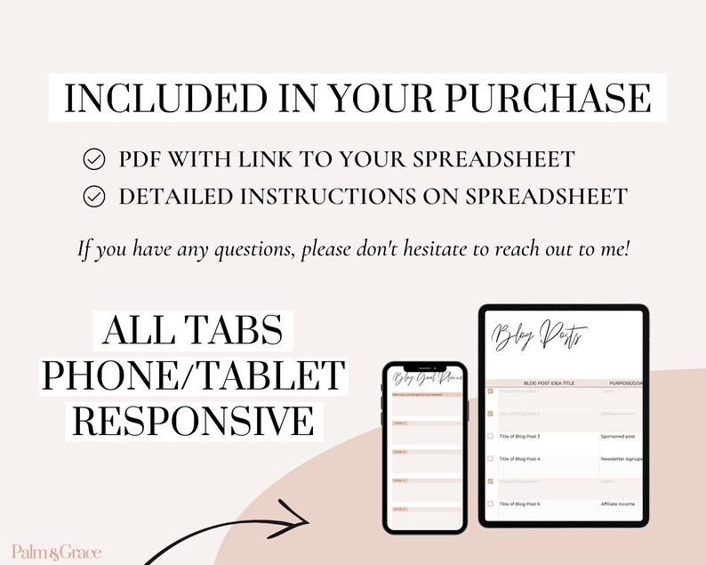 May include: A digital planner for bloggers with tabs for blog post ideas, purpose, and title. The planner is shown on a tablet and a phone, indicating it is responsive to different screen sizes. The text "All Tabs Phone/Tablet Responsive" is displayed on the image.